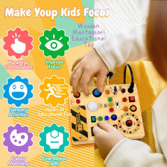 Busy Board with LED Light Switches - Montessori Sensory Toy for Toddlers 1-3 Years, Travel Gift