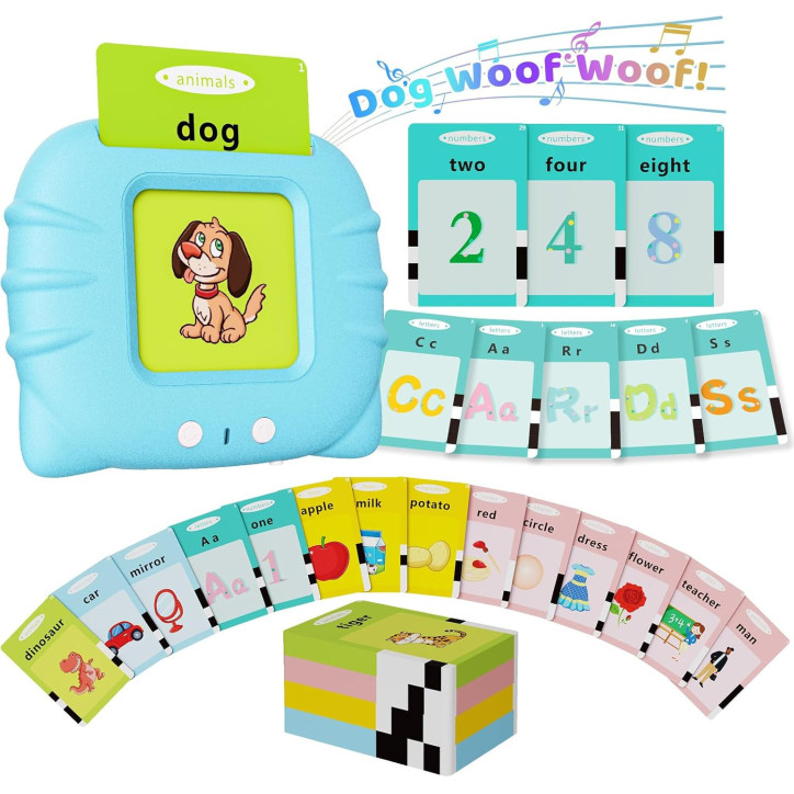 Aullsaty Cartes Flash Parlantes 248 Mots Montessori pour Tout-Petits 1-3 Ans, Jouet Éducatif Bleu