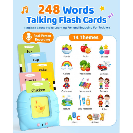 Aullsaty Cartes Flash Parlantes 248 Mots Montessori pour Tout-Petits 1-3 Ans, Jouet Éducatif Bleu