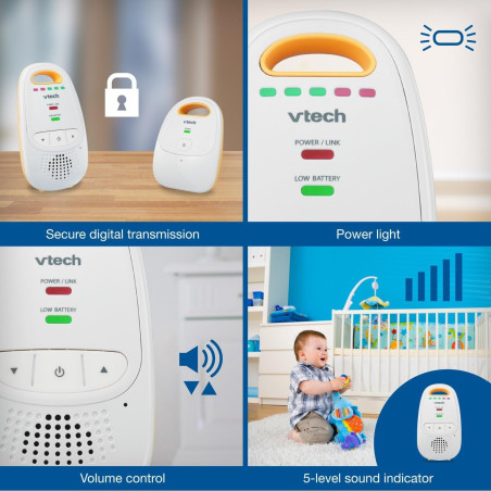 VTech DM111 Babyphone Audio DECT 6.0 Sans WiFi, Antipiratage, Batterie 8h, Clip Ceinture, Portée 300m
