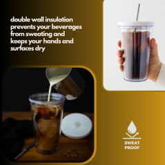 Gobelet réutilisable 16 oz, étanche, double paroi, sans BPA, avec couvercle et paille pour boissons chaudes et froides