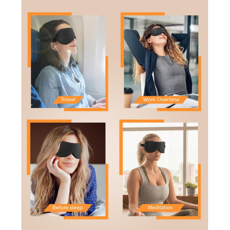 Masque Chauffant Yeux Sans Fil Rechargeable 1000mAh, Compresse Chaude Anti-Sécheresse, Housse Lavable (Noir)
