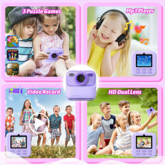 Appareil Photo Numérique Instantané Enfants 1080P HD Double Objectif avec Impression & Carte TF, Cadeau Noël Âge 3-16 ans