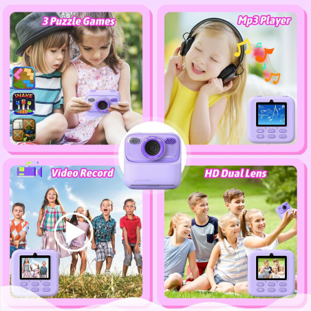 Kids 1080P HD Instant Digital Camera with Dual Lens, Print Paper & TF Card, Gift for Ages 3-16