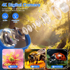 4K 1000X Handheld Digital Microscope for Kids with 2 IPS Screen - Blue