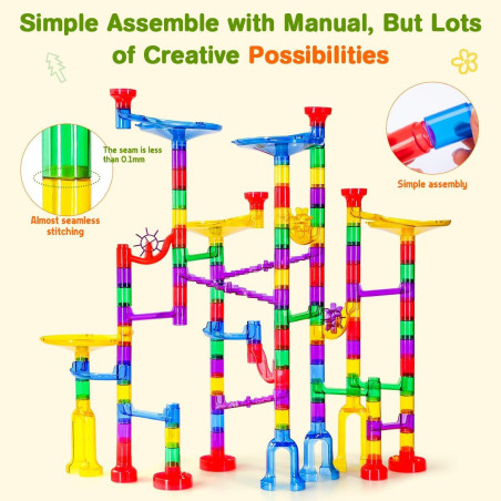 Meland Marble Run 132-Piece Marble Maze Building Toy Set with 102 Translucent Pieces & 30 Glass Marbles for Kids 3+