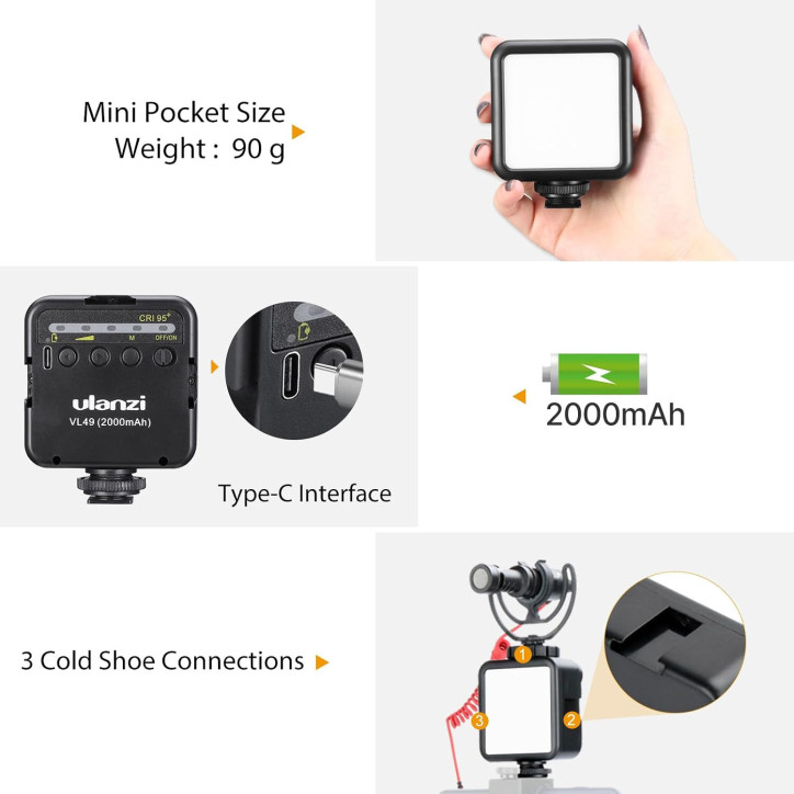 Ulanzi VL49 Lumière LED Vidéo 5500K Rechargeable 2000mAh pour Caméra Ulanzi VL49 Lumière LED Vidéo 5500K Rechargeable 2000mAh pour Caméra