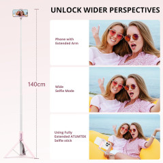ATUMTEK 55 Pink Selfie Stick Tripod with Bluetooth Remote for Smartphones