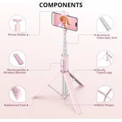 ATUMTEK 55 Pink Selfie Stick Tripod with Bluetooth Remote for Smartphones