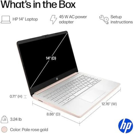 HP 14 Business & Student Laptop, Intel Quad-Core, 4GB RAM, 640GB Storage, Win11, Office 365, Rose Gold