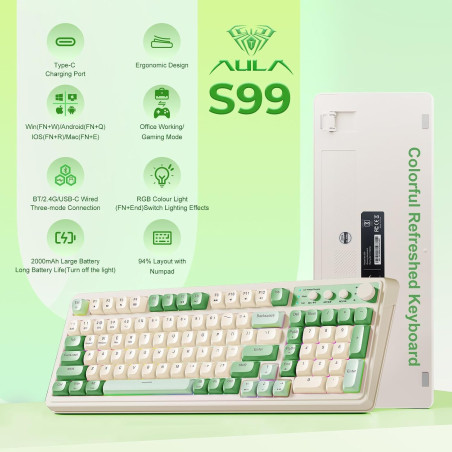 AULA S99 Wireless Gaming Keyboard | Green Creamy Computer Keyboard