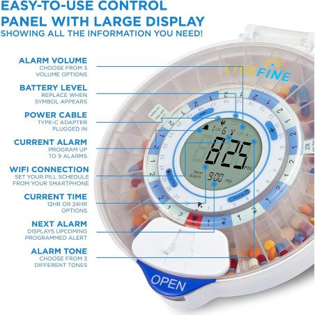 LiveFine Auto WiFi Pill Dispenser for Elderly, 28-Day Supply with Clear Lid and Smart Alerts