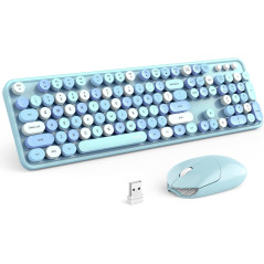 MOFII Retro Wireless Keyboard & Mouse Combo, Round Keycaps, 2.4GHz, Cute Blue for PC/Laptop/Mac