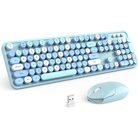 MOFII Retro Wireless Keyboard & Mouse Combo, Round Keycaps, 2.4GHz, Cute Blue for PC/Laptop/Mac