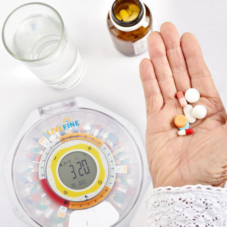LiveFine Bluetooth Pill Dispenser with 9 Dosage Rings, 28-Day Capacity, Frosted Lid