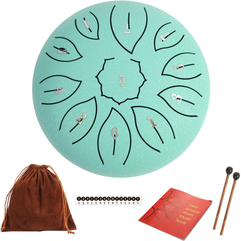 6 Steel Tongue Drum - 11 Notes C Major, 440Hz + Music Book & Accessories