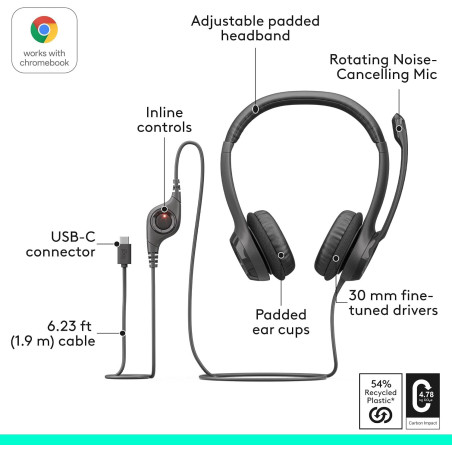 Casque filaire Logitech H391 USB-C stéréo pour PC/ordinateur portable, graphite