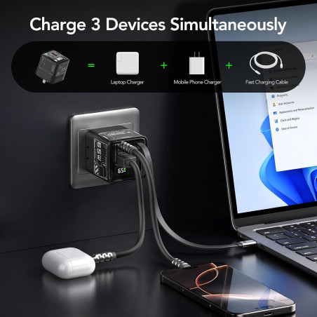 MFish 65W GaN 3-in-1 Retractable USB-C Wall Charger