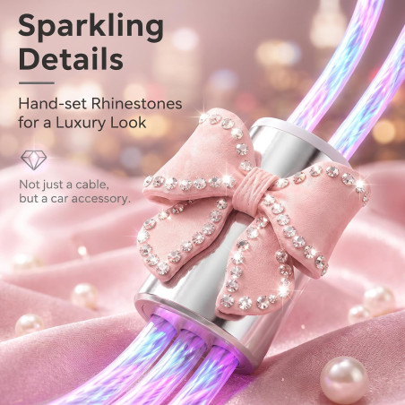 3-in-1 Pink Bow Car Charger Cable | Multi Charging & Glowing Light