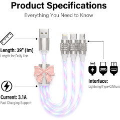Câble de Charge 3-en-1 Rose Clignotant pour Voiture Femme