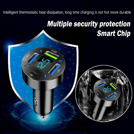 Chargeur Auto 66W Super Fast USB PD & QC 3.0 avec Voltmètre et LED, Compatible iPhone, Samsung, iPad Noir