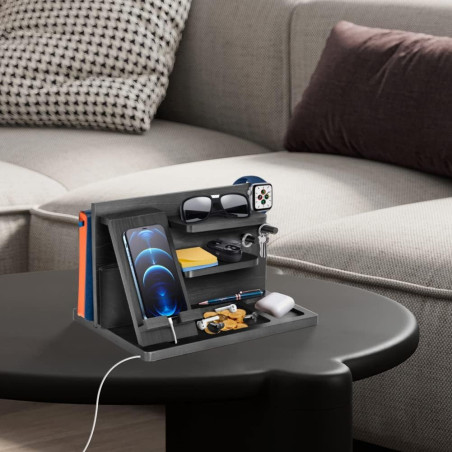Support de téléphone en bois et organiseur de chevet - Cadeau homme pour anniversaire et Noël