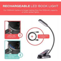 hooga Amber Book Light – Lampe de lecture rechargeable à clip, filtre lumière bleue, dimmable, LED 1600K & 625nm