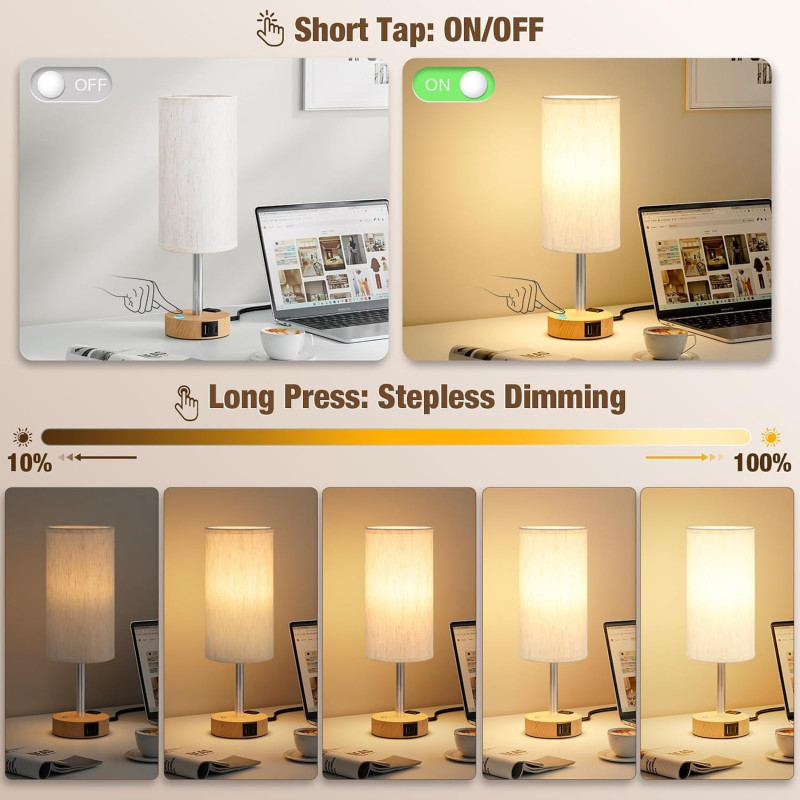 Touch Bedside Lamp with USB A+C, AC Outlet & Stepless Dimming
