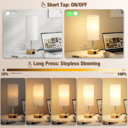 Lampe de Chevet Tactile Dimmable USB A+C avec Prise AC