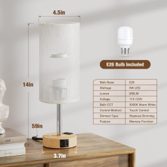 Touch Bedside Table Lamp with Stepless Dimming, USB A+C Ports, and AC Outlet for Bedroom