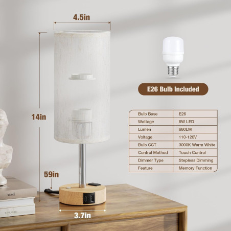 Touch Bedside Table Lamp with Stepless Dimming, USB A+C Ports, and AC Outlet for Bedroom
