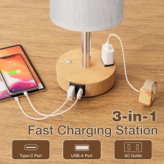 Touch Bedside Lamp with USB A+C, AC Outlet & Stepless Dimming